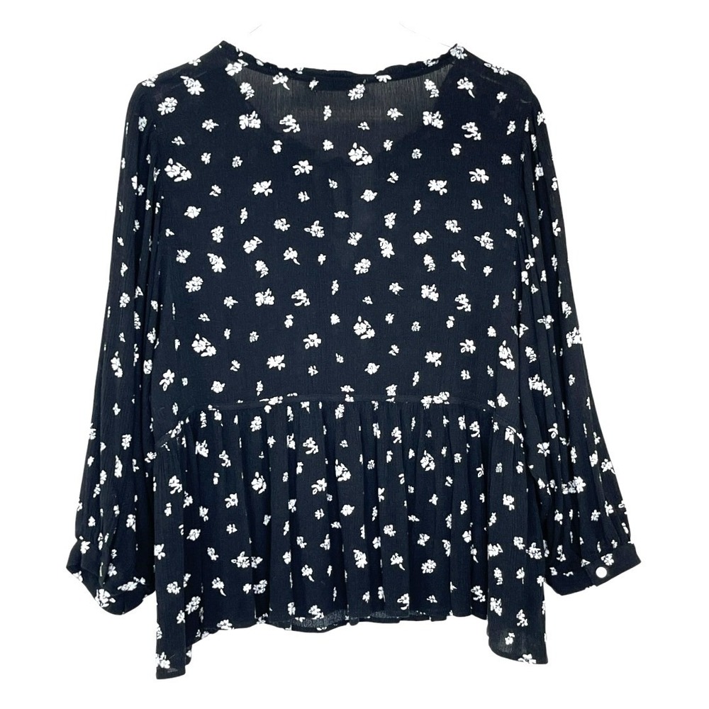 SO Floral Babydoll Blouse Womens XL Black‎ White Excellent Peplum Rayon Tie Neck - Picture 3 of 13